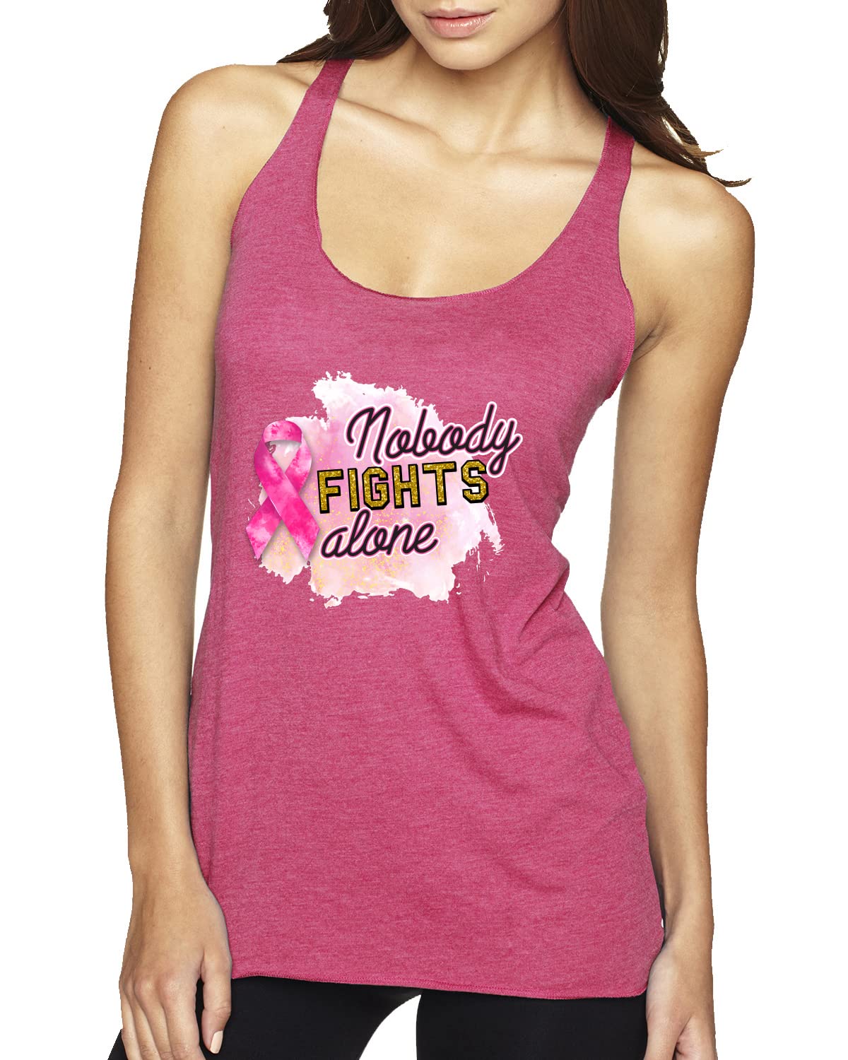 Nobody Fights Alone Watercolor Sparkles Breast Cancer Awareness Tri-Blend Racerback Tank Top - Comfortable & Stylish Support Wear for Survivors, Fundraisers & Awareness Events
