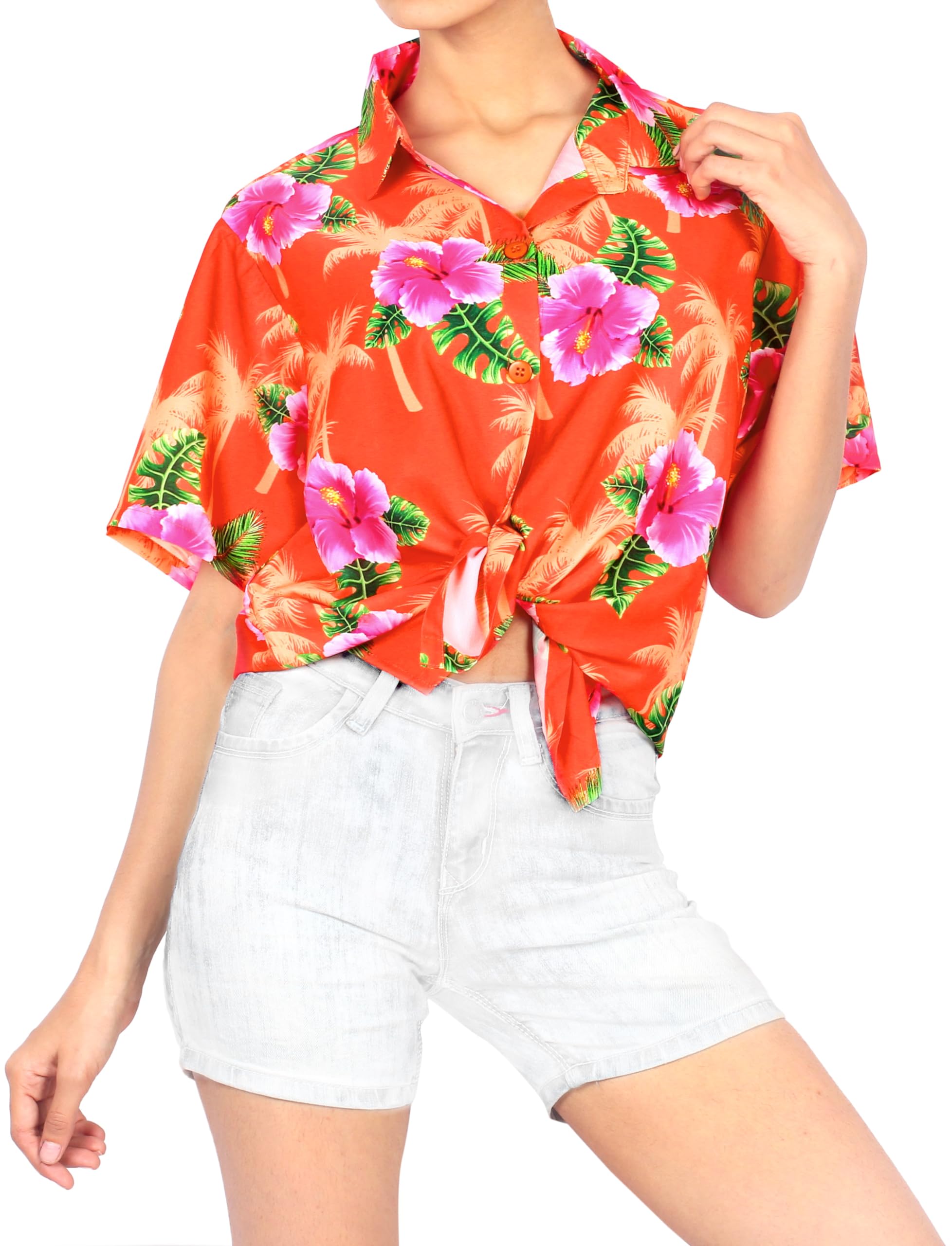 Happy Bay Women's Hawaiian Short Sleeve Beach Blouse Shirt - Floral Summer Vacation Top for Tropical Getaways, Pool Parties & Beach Outings