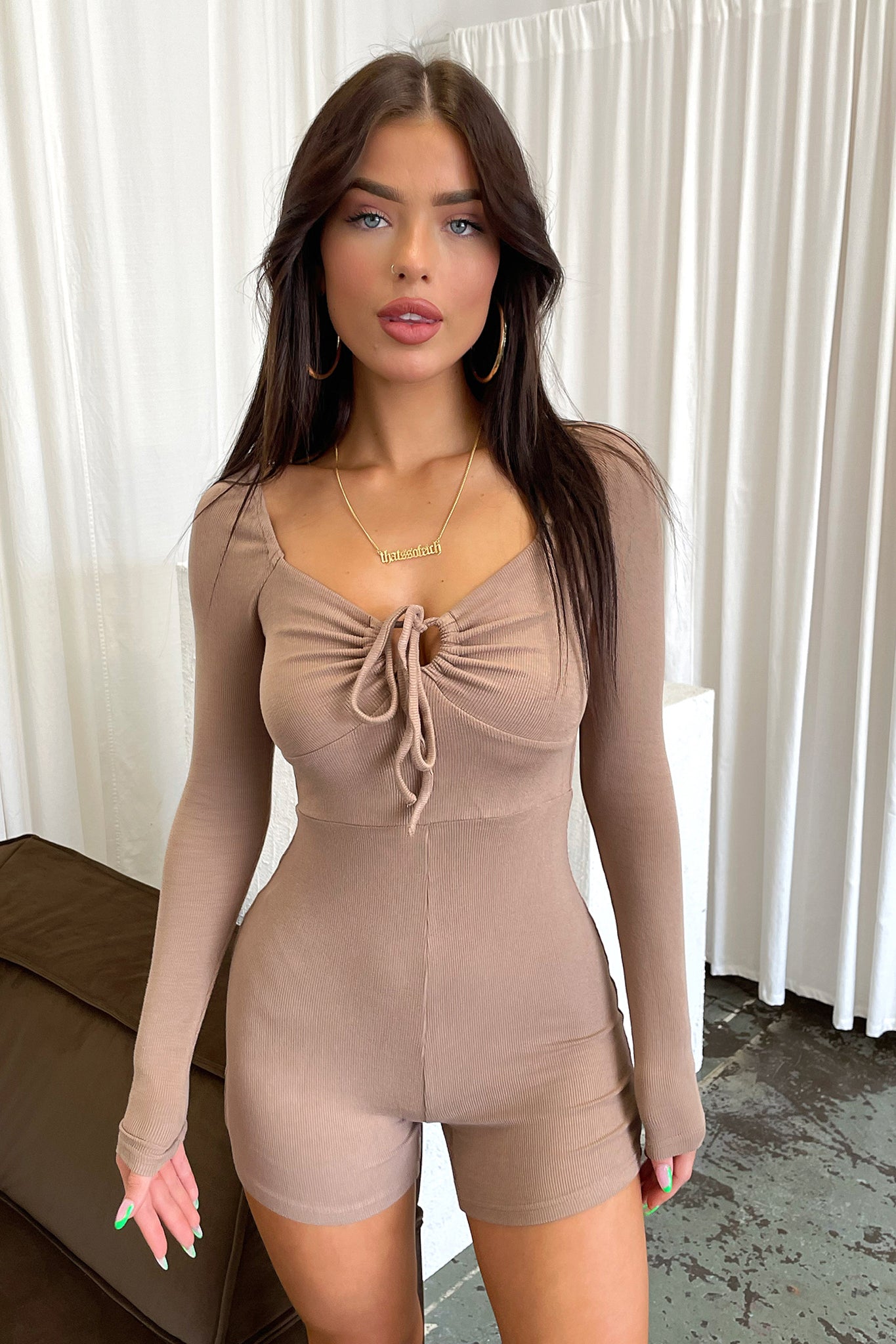 Women's Honey Playsuit in Tan - Floral Print Romper Jumpsuit for Summer Beach Vacation & Outdoor Parties