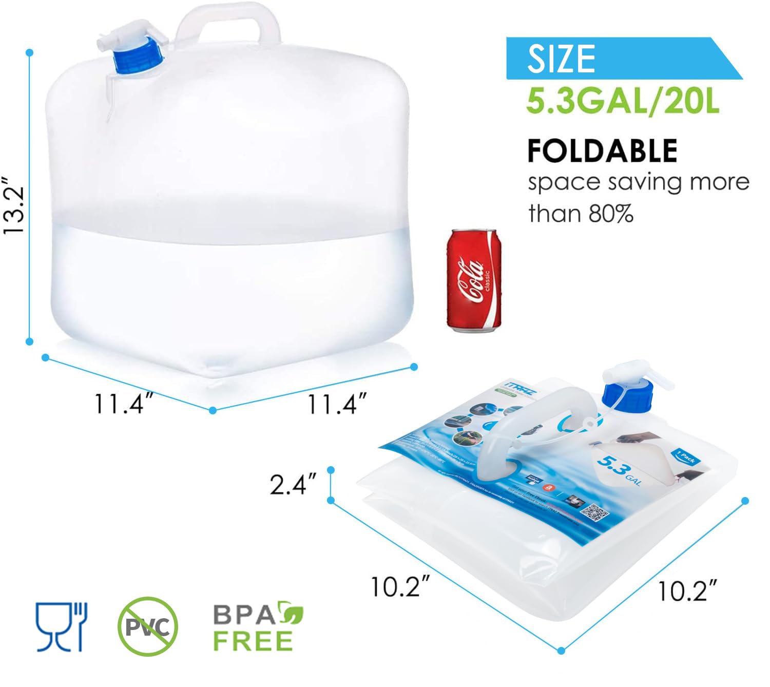 Collapsible Water Jug - 10 Pack 5.3 Gallon BPA Free Portable Water Container with Spigot | Camping, Hiking, Backpacking & Emergency Survival Gear | Food Grade LDPE Outdoor Water Storage for Picnics, Road Trips & Disaster Preparedness