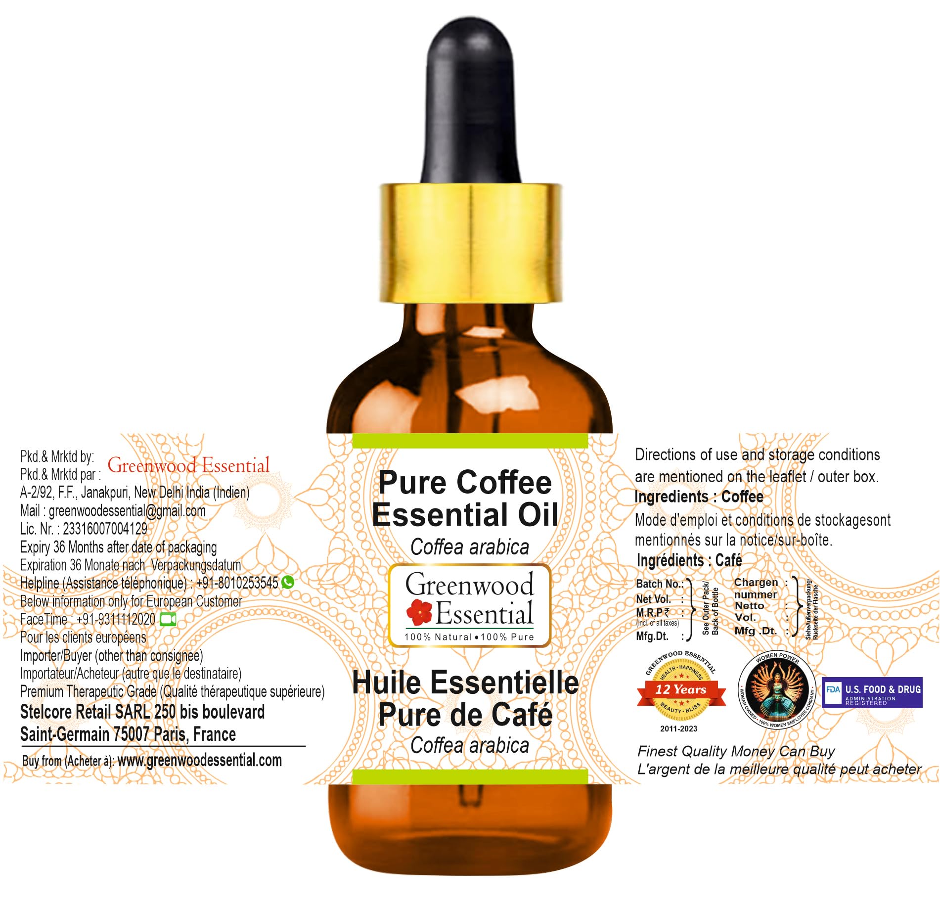 **Pure Coffee Essential Oil (Coffea Arabica) 100ml (3.38 oz) with Glass Dropper - Aromatherapy, Diffuser & DIY Skincare**