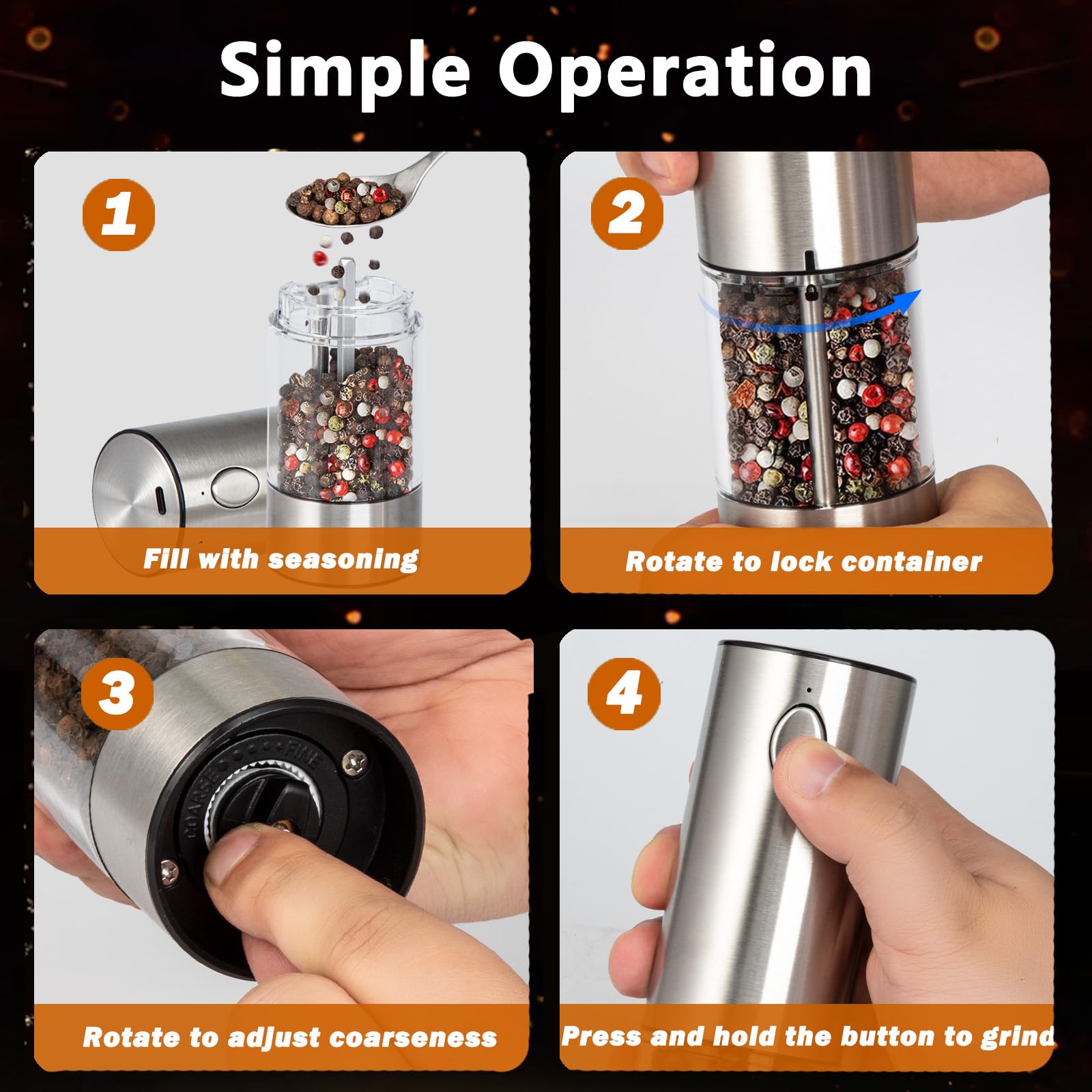 Rechargeable Electric Salt and Pepper Grinder Set - Stainless Steel Automatic Mill with LED Light & 95ml Washable Container - Refillable Kitchen Spice Shaker for Cooking, Baking & Table Seasoning (Silver)