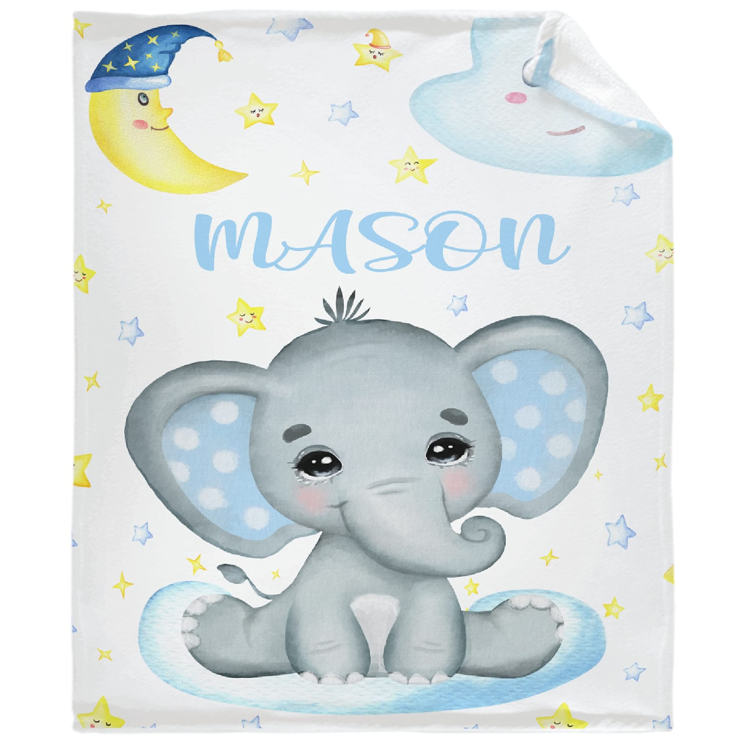 Personalized Baby Blankets for Girls & Boys - Custom Name Elephant Fleece Blanket | Soft Cozy Newborn Blanket with Moon & Stars Design | Perfect for Nursery, Gift, Travel & Family Cuddle Time
