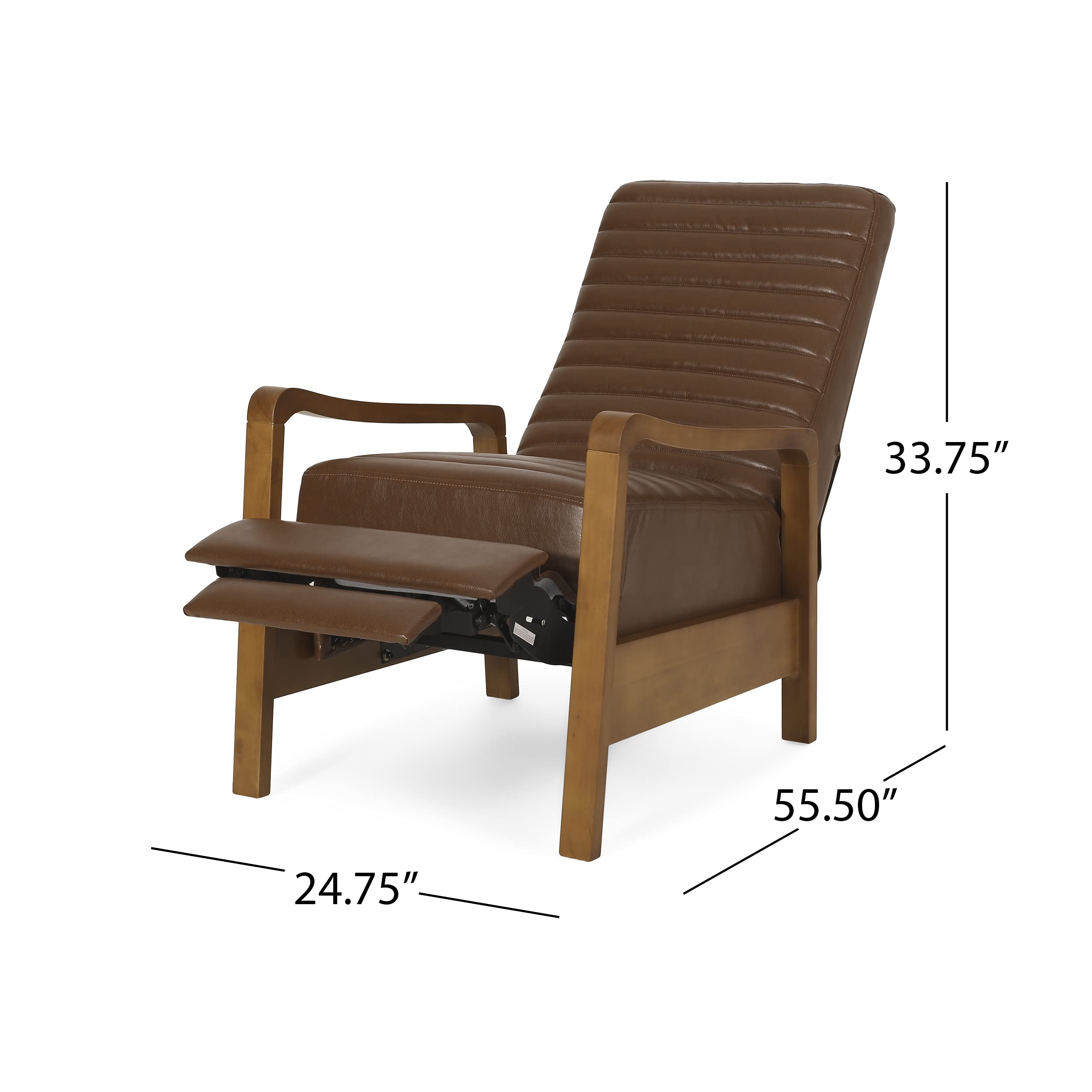 Christopher Knight Home Munro Channel Stitch Pushback Recliner - Cognac Brown/Teak Leather Reclining Chair for Living Room, Home Theater & Office Comfort