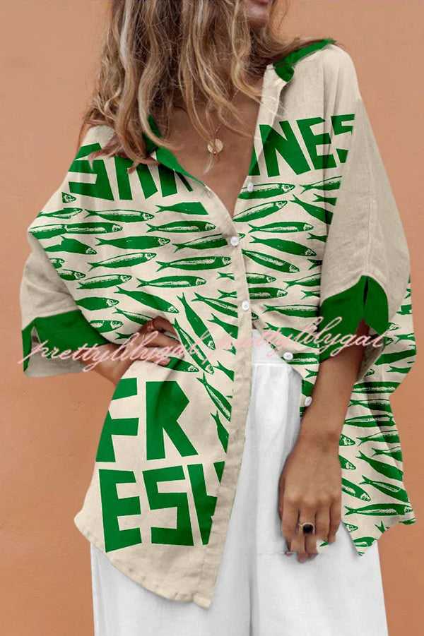 Stylish Marine Print Casual Loose Shirt Top for Women - Beachwear, Summer Vacation & Boho Outfit