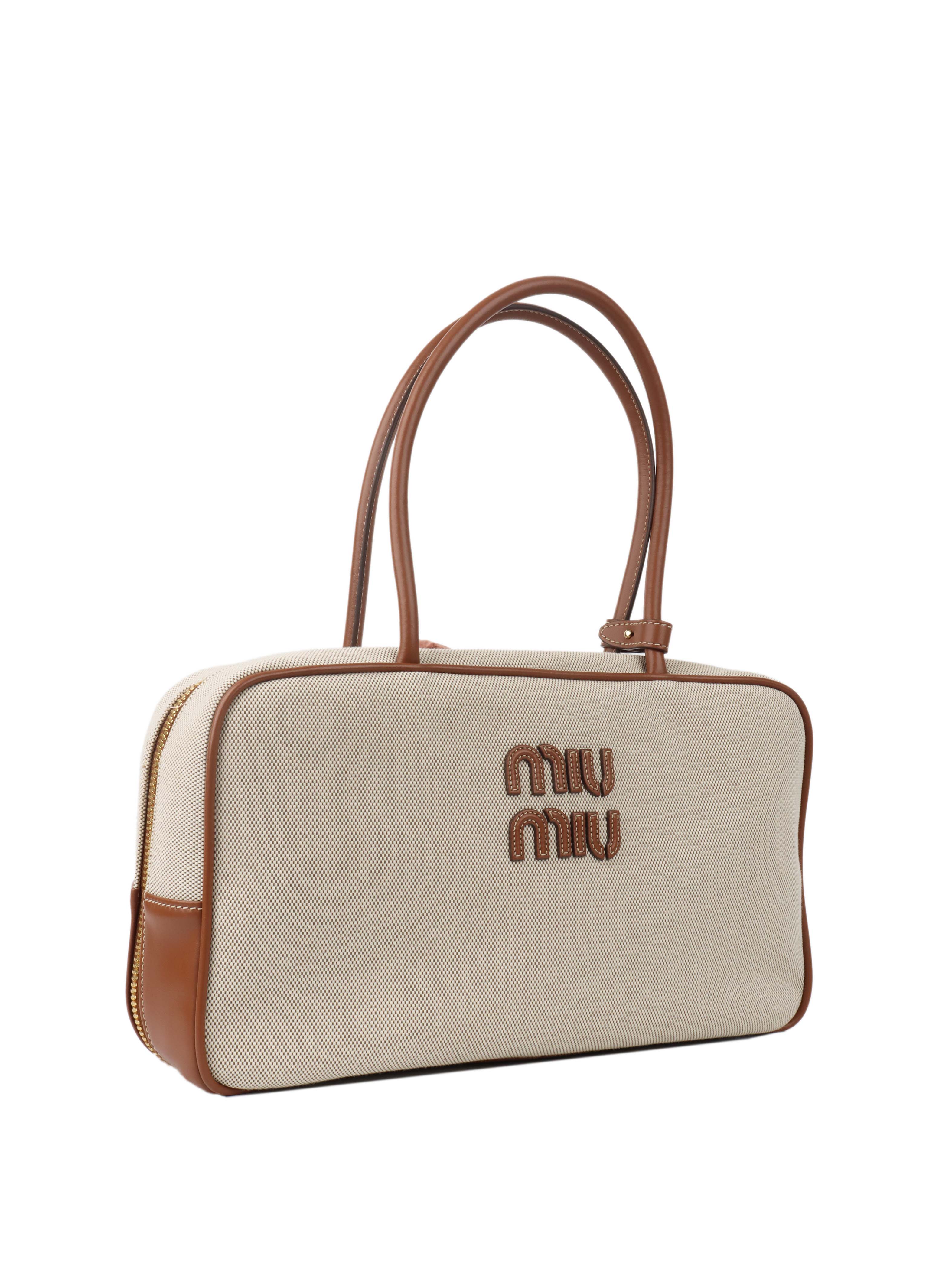 Miu Miu Beau Canvas & Leather Tote Bag for Women - Stylish Designer Handbag for Work, Travel & Everyday Use