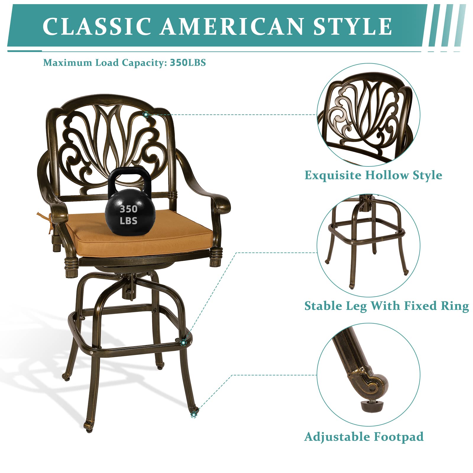 MEETWARM 2-Piece Outdoor Patio Swivel Bar Stools Set - All-Weather Cast Aluminum Bar Height Bistro Chairs with Cushions - Dark Bronze - Perfect for Garden, Deck, Backyard, Poolside & Outdoor Dining Areas