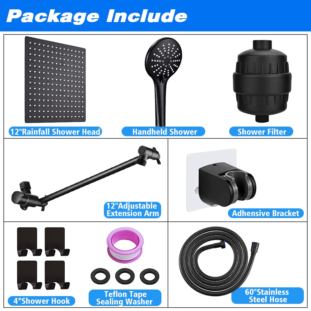 UPGRADED 12 Inch High Pressure Shower Head with Handheld Spray - Black Waterfall Showerhead with Hose, Extension Arm & Hard Water Filter + 4 Hooks - Perfect for Bathroom, Spa-Like Experience & Water Conservation