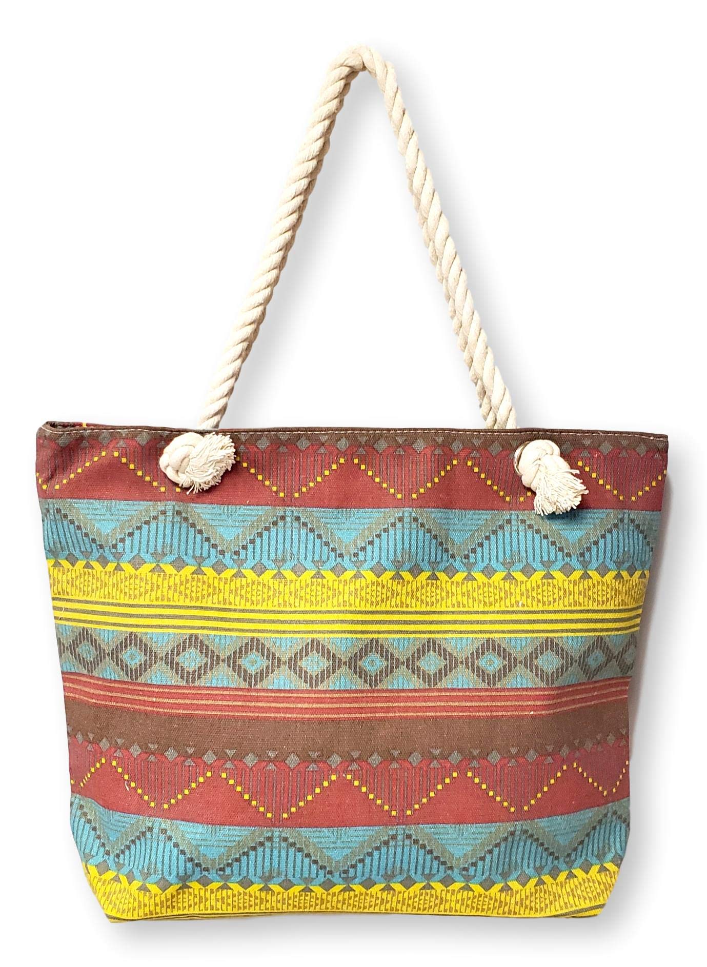 101 BEACH Medium Sized Summer Print Canvas Beach Tote Bag - Burgundy Teal Boho Stripe Design - Perfect for Beach Vacations, Pool Parties and Summer Outings