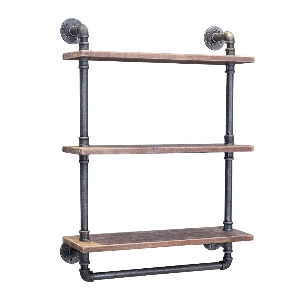**Industrial Pipe Shelf with Real Wood - Rustic 3-Tier Wall Mounted Towel Rack & Bar Shelving (20in) - Perfect for Kitchen, Bathroom & Living Room Storage**