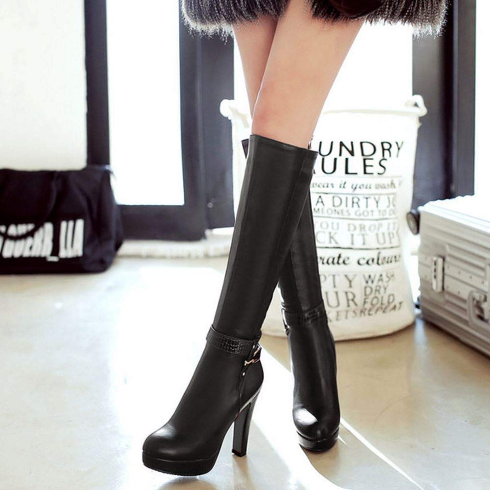 Scarouki Women's Elegant Mid-Calf Boots with Block Heels - Stylish Platform High Boots for Fall Fashion, Office Wear & Night Out