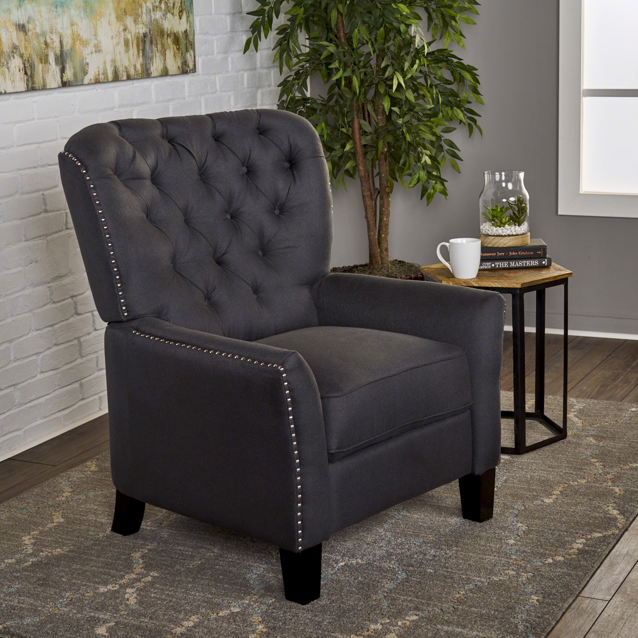 Christopher Knight Home Cerelia Tufted Fabric Recliner - Dark Charcoal/Dark Brown | Comfortable Living Room Chair for Relaxing & Lounging