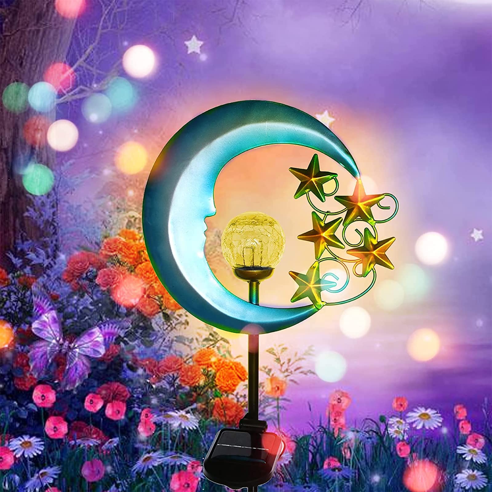 Solar Powered Outdoor Garden Lights - Waterproof Crackle Glass Globe LED Landscape Lighting for Pathway, Yard, Lawn, Patio | Decorative Moon & Stars Design for Garden, Walkway, Driveway, Backyard Lighting