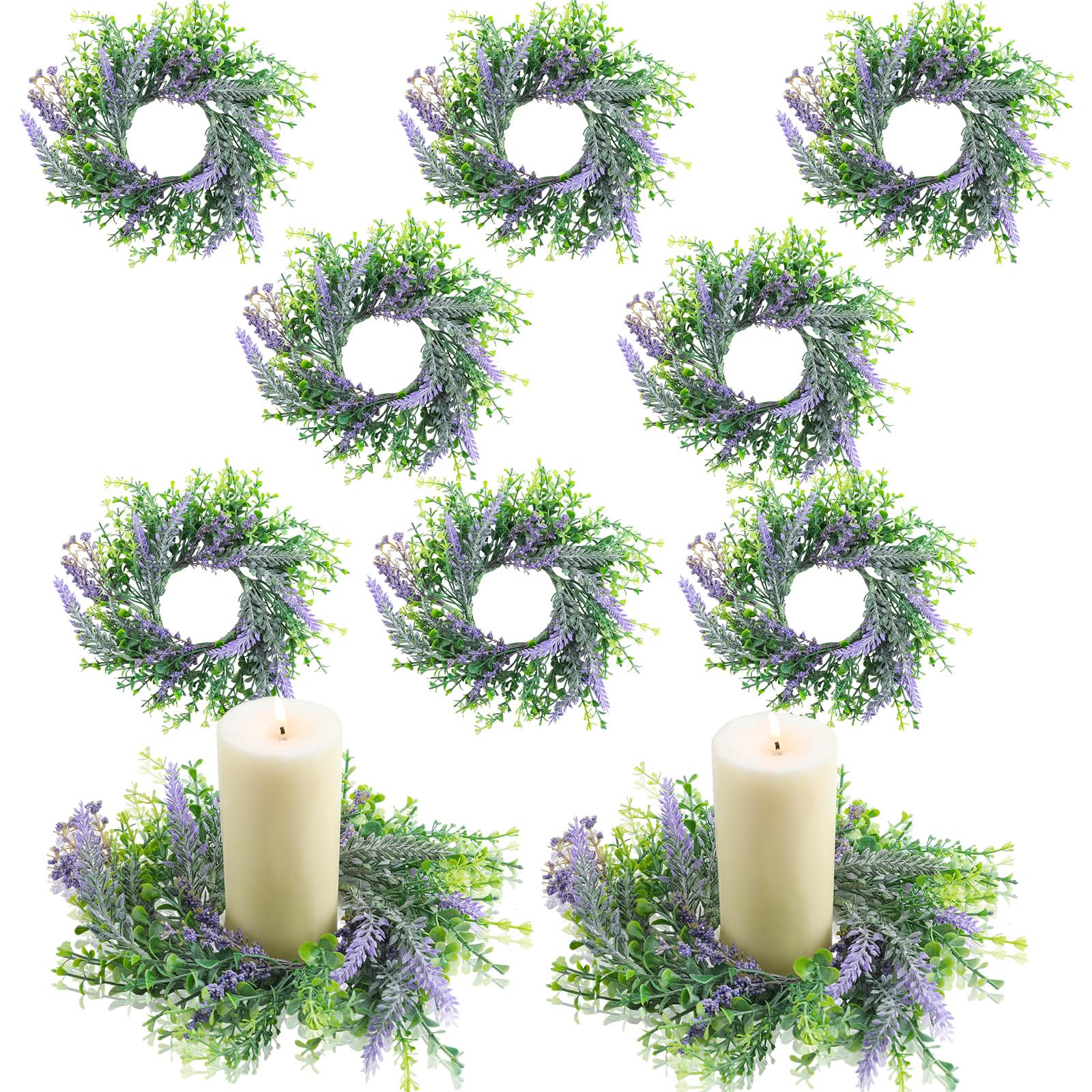 Jexine 8-Piece Lavender Candle Rings Set - Artificial Floral Pillar Candle Wreaths for Valentine's Day, Weddings & Seasonal Home Decor | Perfect for Front Door Decor, Party Centerpieces & Tabletop Displays
