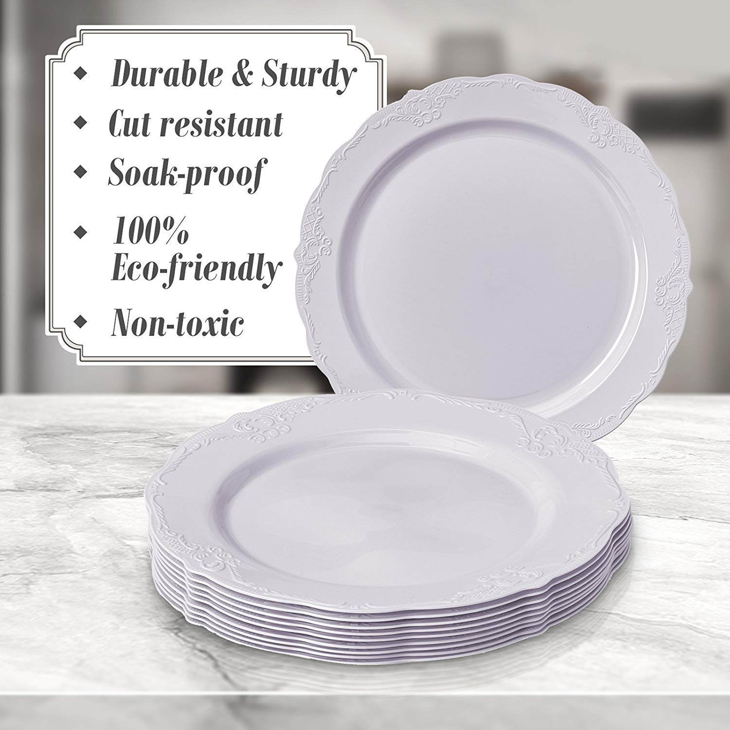 Premium Silver Vintage Disposable Plastic Dinner Plates - 10-Piece Set, Pack of 2 - Elegant White Reusable Tableware for Parties, Picnics & Catering Events
