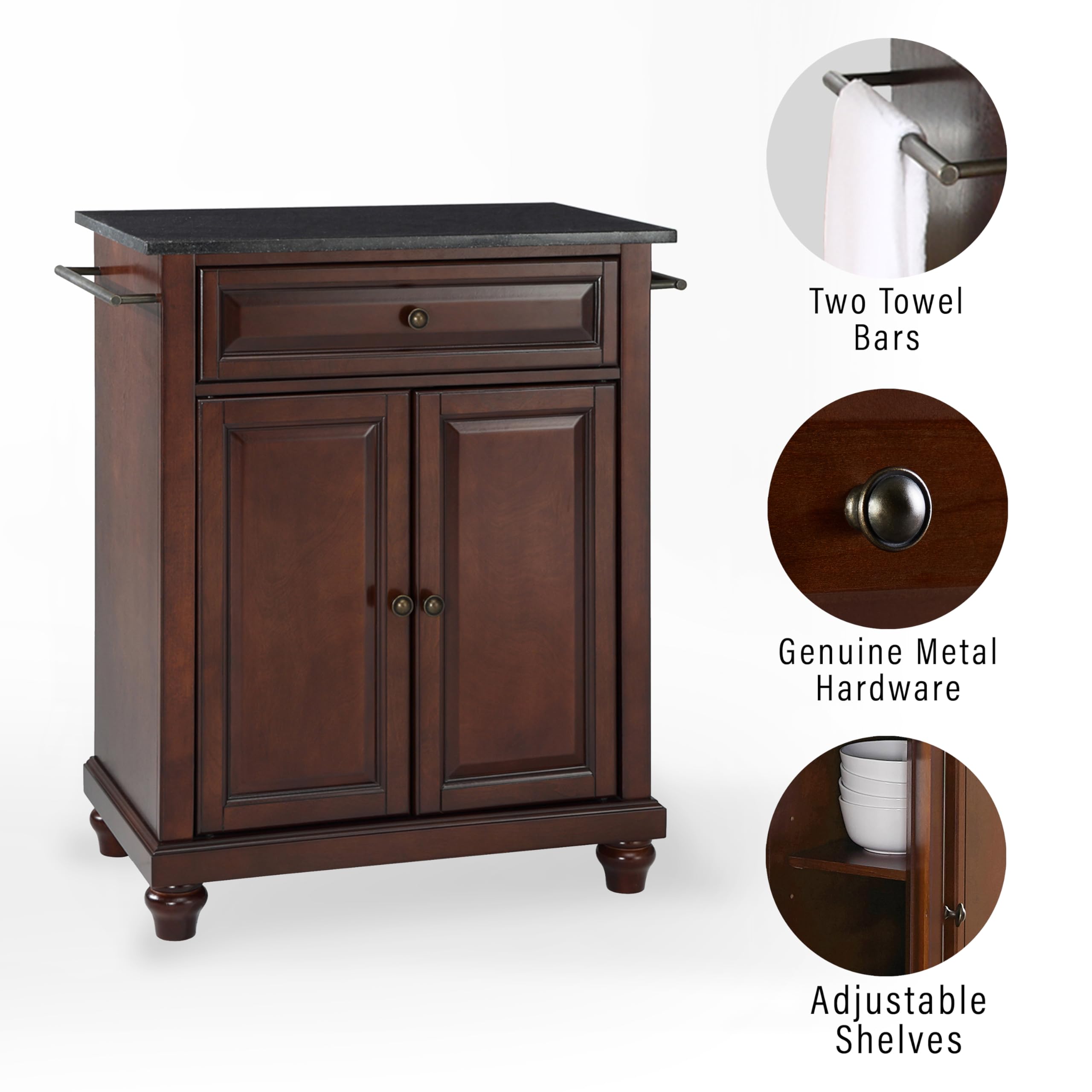 Crosley Cambridge Granite Top Portable Kitchen Island Cart with Wheels - Microwave Stand, Storage Cabinet, Mahogany Finish for Small Spaces - Perfect for Apartments, Dorms & Compact Kitchens
