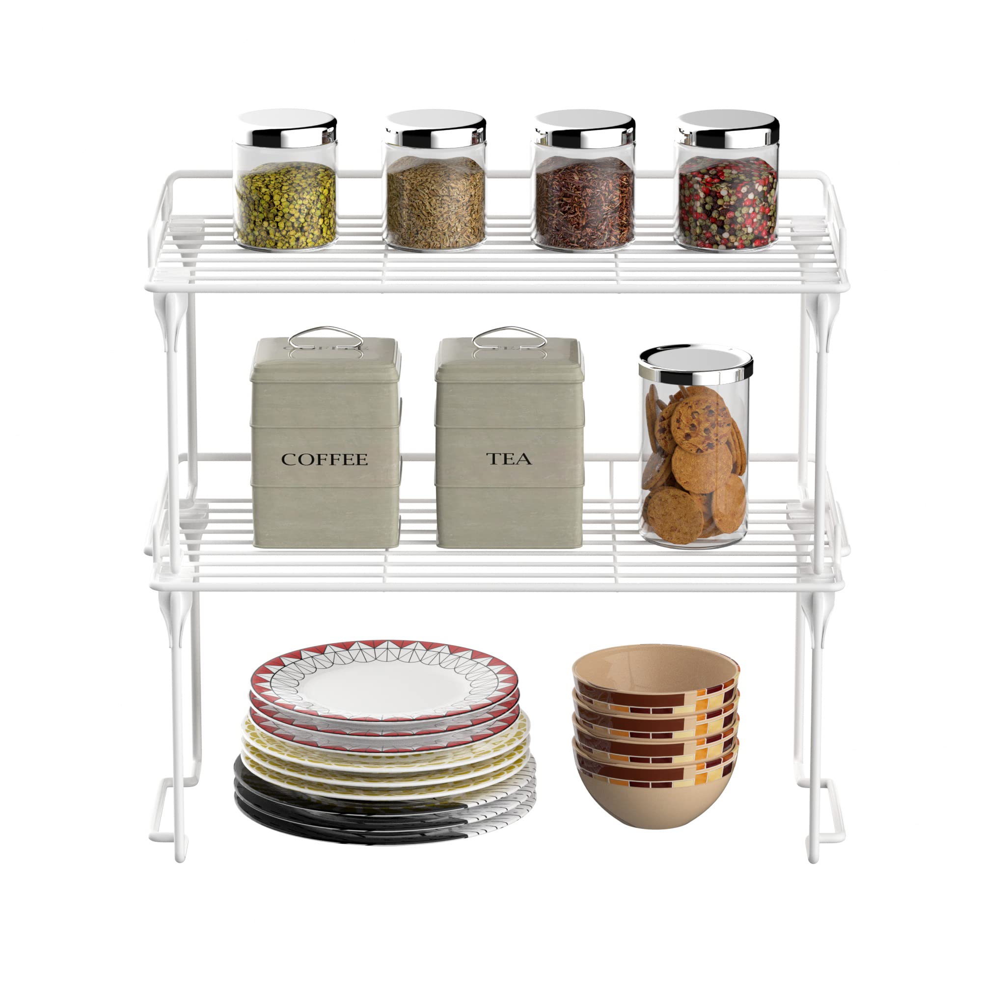 RedRubbit Stackable Foldable Kitchen Cabinet Organizer Shelf - 2 Pack Spice Rack for Counter, Pantry, Bathroom & Cupboard Storage - Perfect for Small Space Organization & Home Decluttering