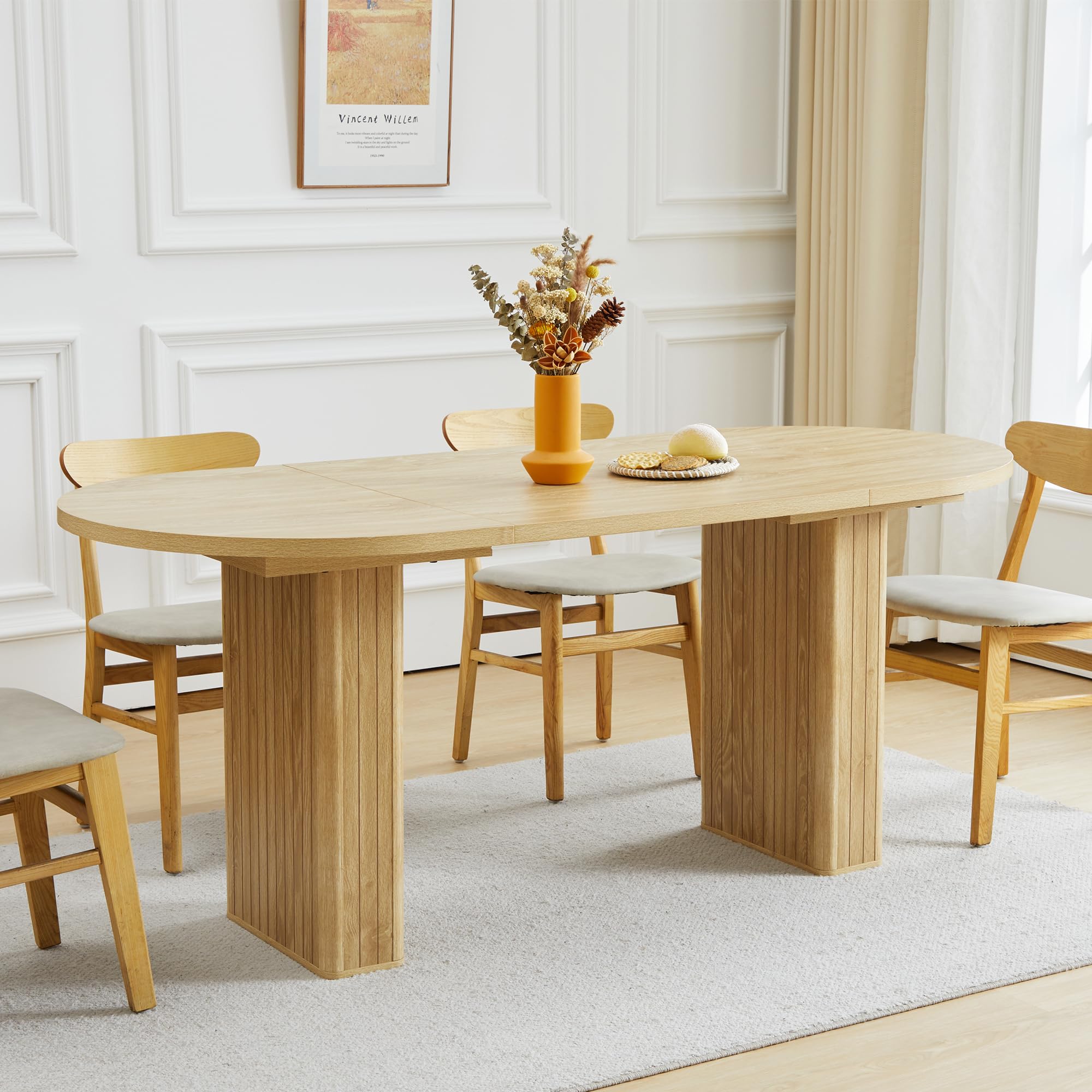70.8 Inch Oval Dining Table for 4-6 People, Modern Farmhouse Kitchen Table with Wood Strip Base, Large Round Dining Room Table for Kitchen & Living Room - Natural Wood Finish | Perfect for Family Gatherings, Dinner Parties & Small Space Dining Areas