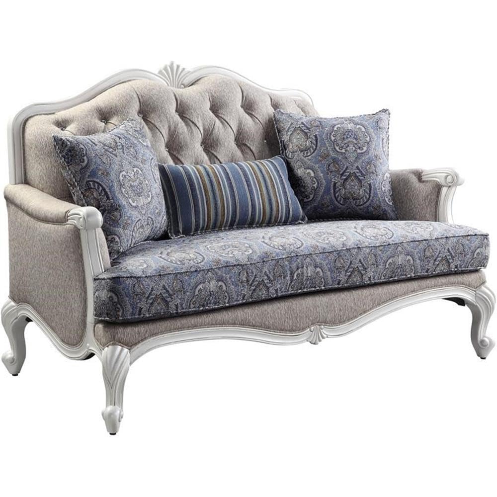 BOWERY HILL Fabric Loveseat with Pillows - White Finish for Living Room
