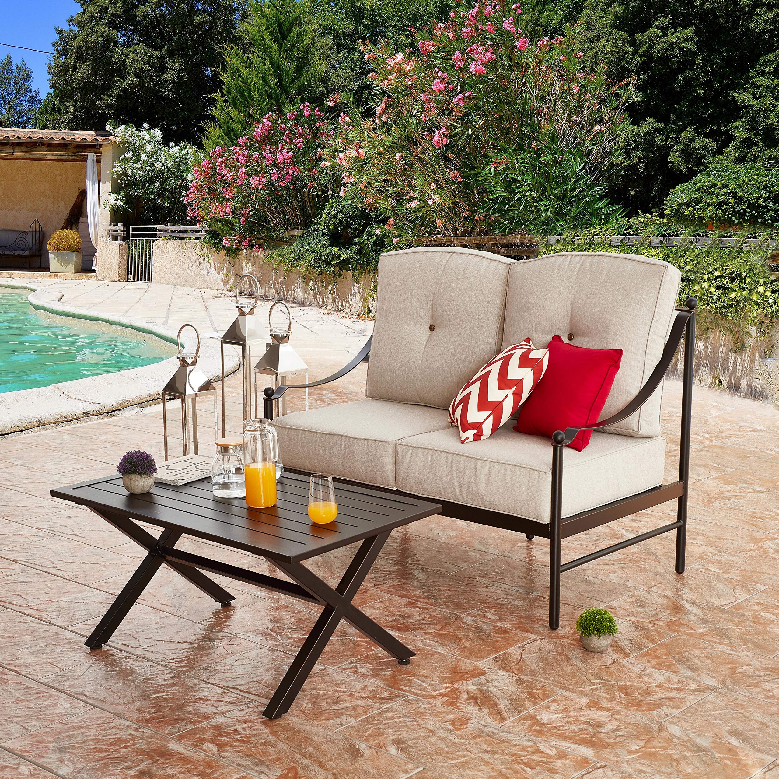 LOKATSE HOME 2-Piece Outdoor Patio Loveseat Set with X-Leg Coffee Table - Waterproof Cushioned Conversation Furniture for Garden, Yard, Porch, Poolside - Beige - Perfect for Relaxing, Entertaining & Outdoor Lounging