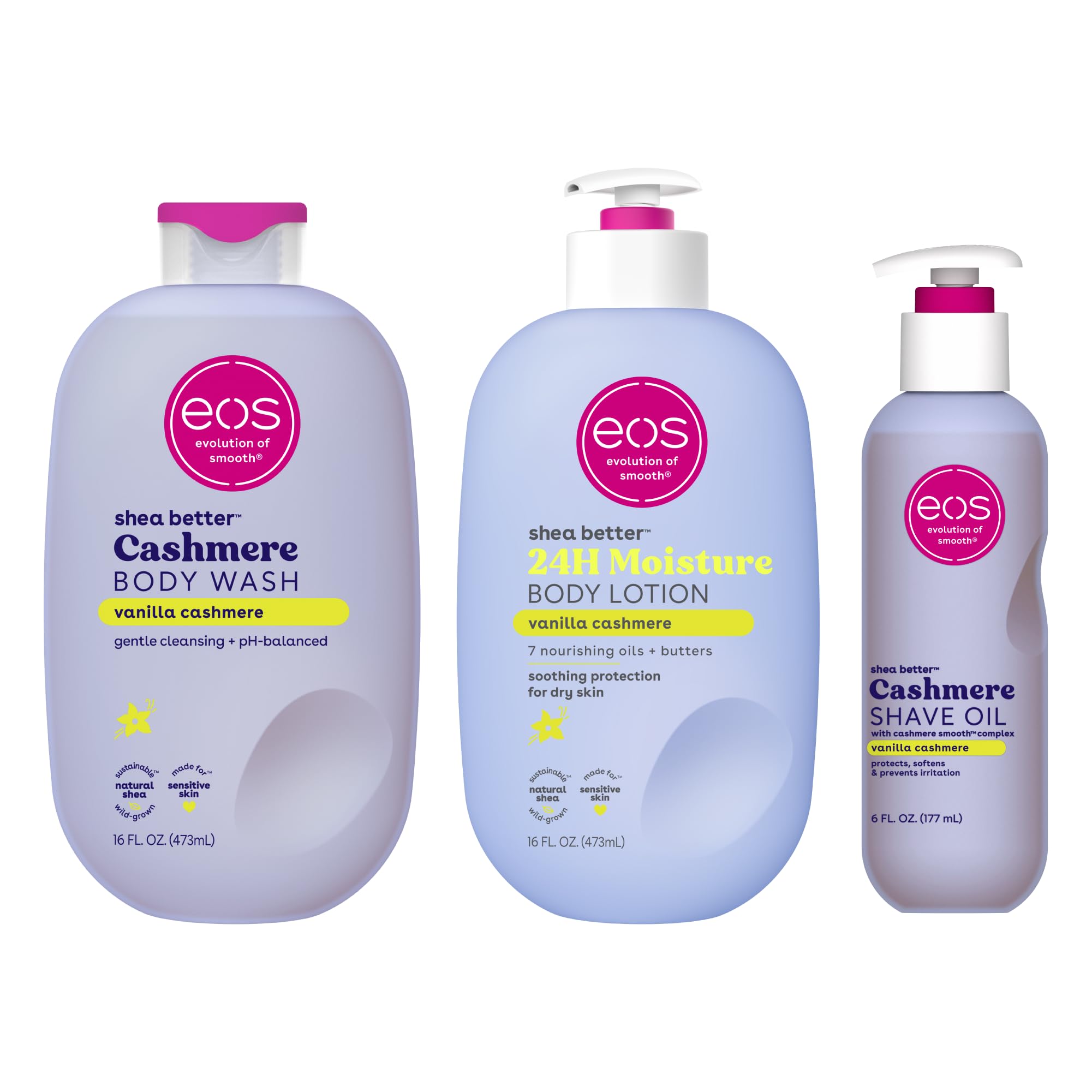 EOS Shower Essentials Bundle - Vanilla Cashmere Body Lotion, Body Wash & Shave Oil for Smooth Skin | Perfect for Daily Shower Routine & Gift Sets