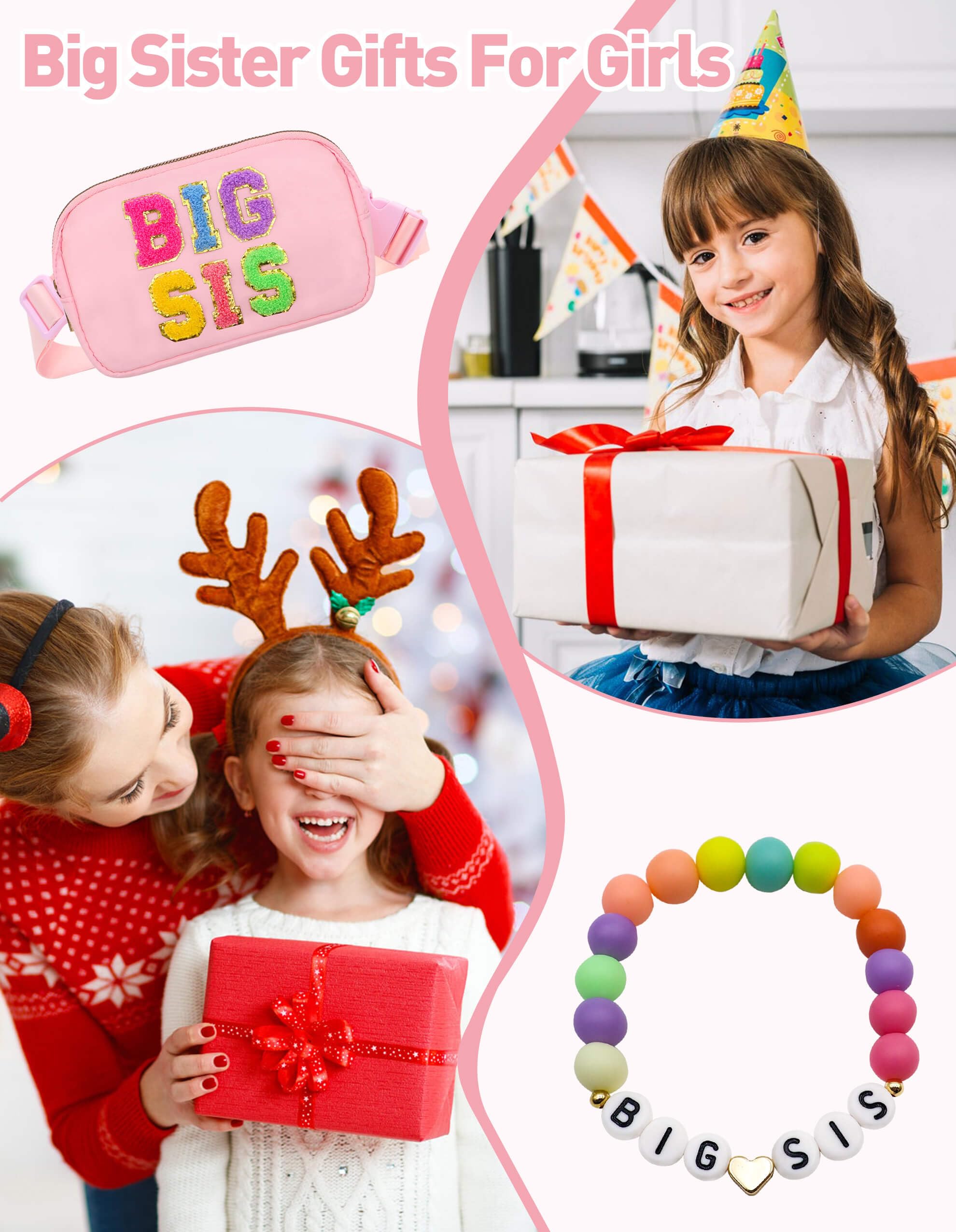 Big Sister Gift Set for Girls - Fanny Pack with Matching Bracelet, Adjustable Belt Bag for Teens & Kids, Personalized Christmas Birthday Present - Crossbody Purse for Daughter (BIG SIS-1, Pink) | Perfect for School, Travel & Sister Bonding Activities