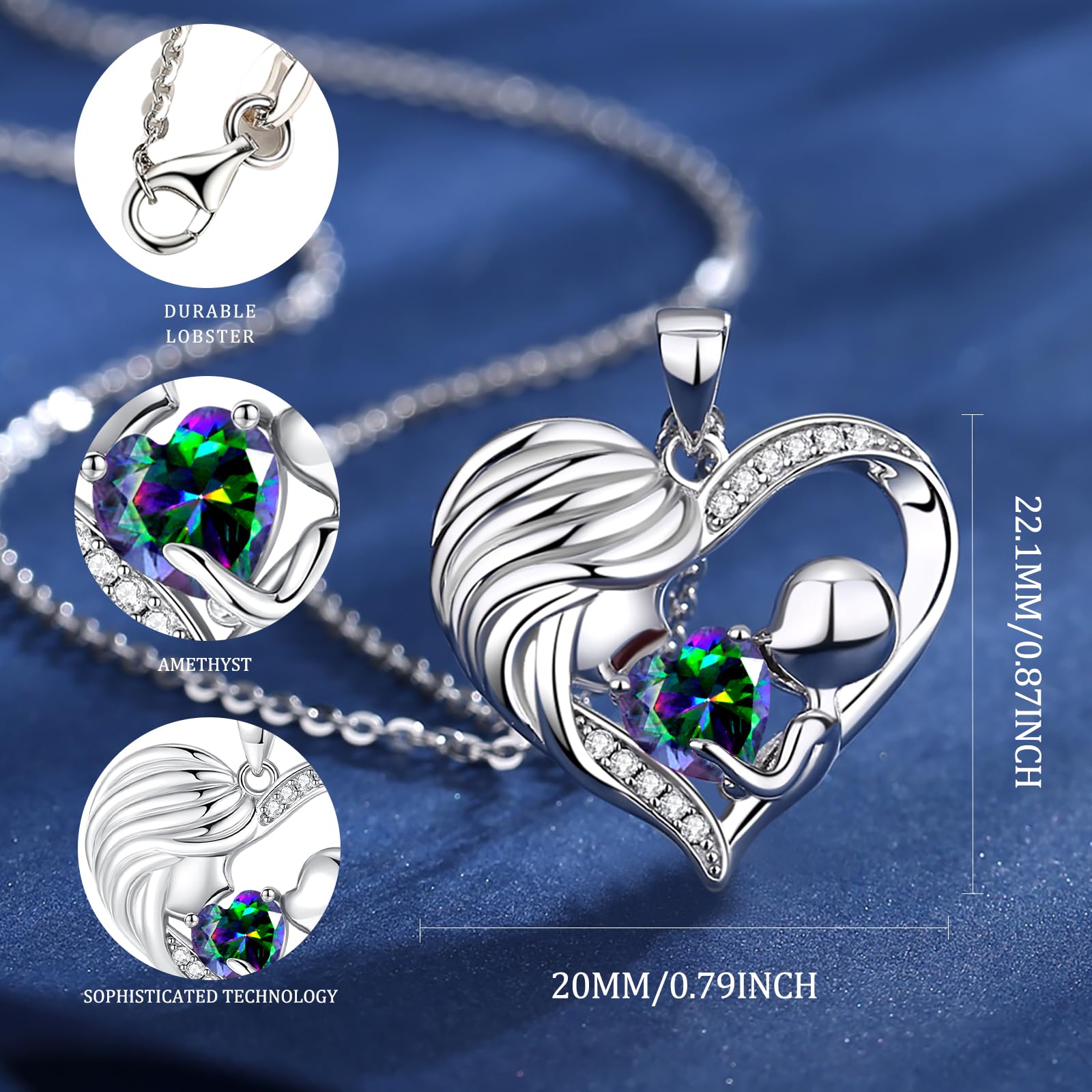 FANCIME Birthstone Necklace for Mom - Mother & Child Heart Pendant Jewelry, I Love You Mom Gift, 16