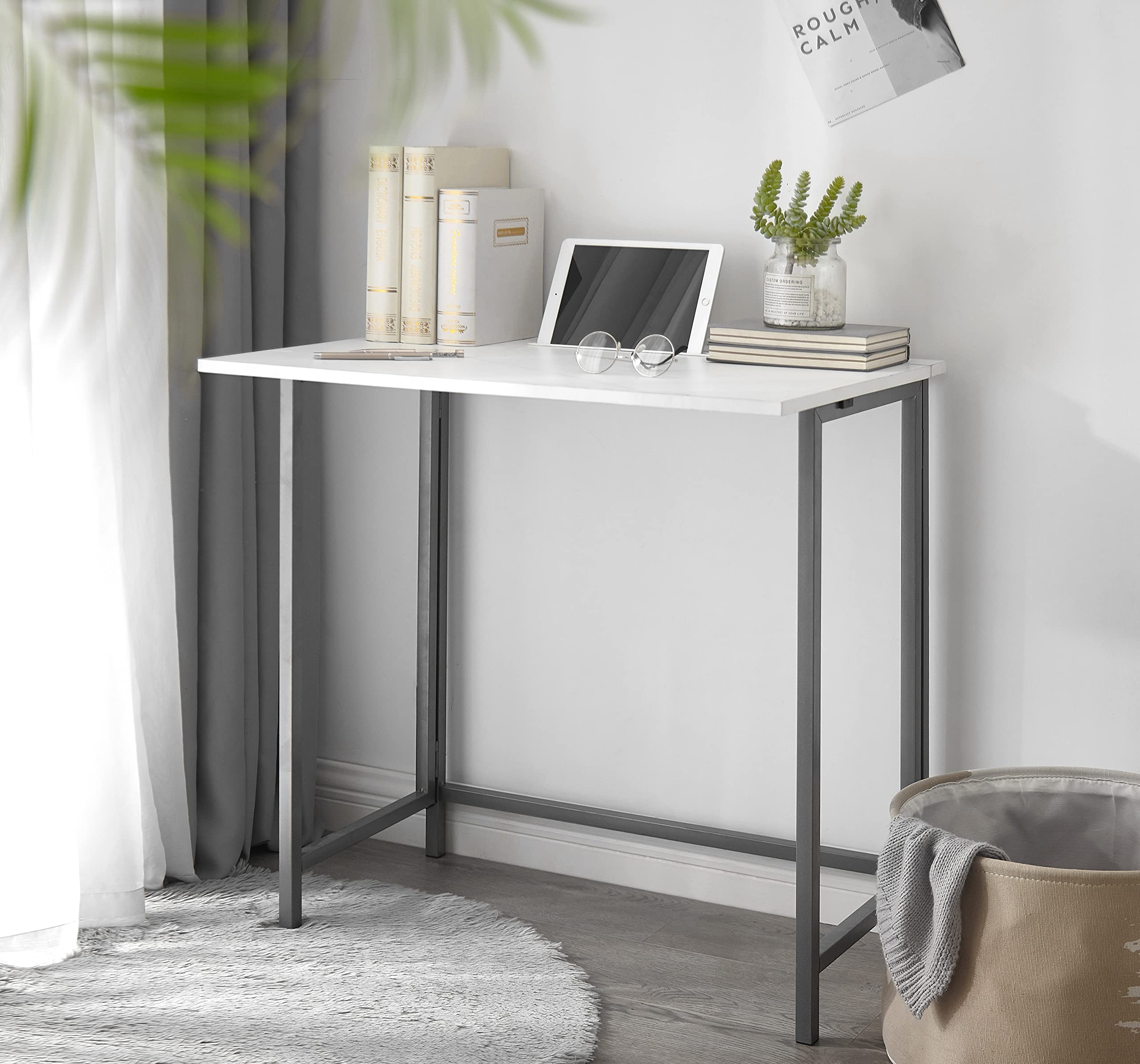 No-Tools Assembly Folding Desk with Tablet Slot - Compact Urban Workspace Solution for Small Apartments, Dorm Rooms & Home Offices - White Modern Study Desk