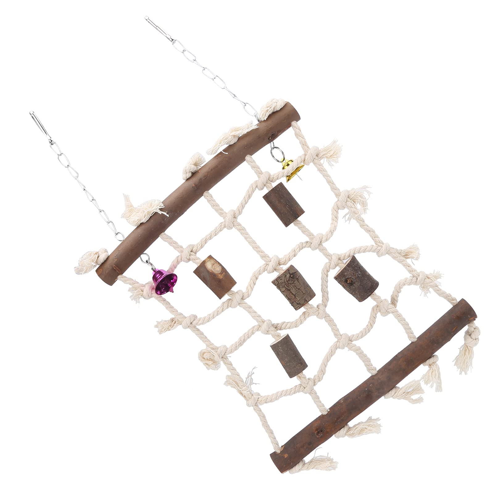 Wooden Parakeet Swing & Foraging Wall - Chewing Toy with Cotton Rope Climbing Net & Strings for Birds | Perfect for Cage Enrichment, Playtime & Mental Stimulation