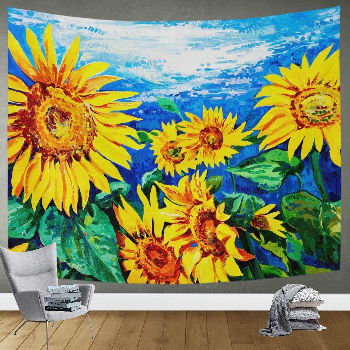 DOMIKING Sunflower Tapestry Wall Hanging - 80x60in Boho Wall Art Decor for Bedroom, Living Room & Dorm | Yellow Oil Painting Style Trippy Tapestry for Hippie Aesthetic & Cozy Home Decor