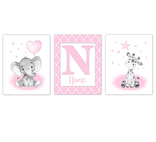 Pink Safari Nursery Art - Elephant & Giraffe Wall Decor for Baby Girl's Room
