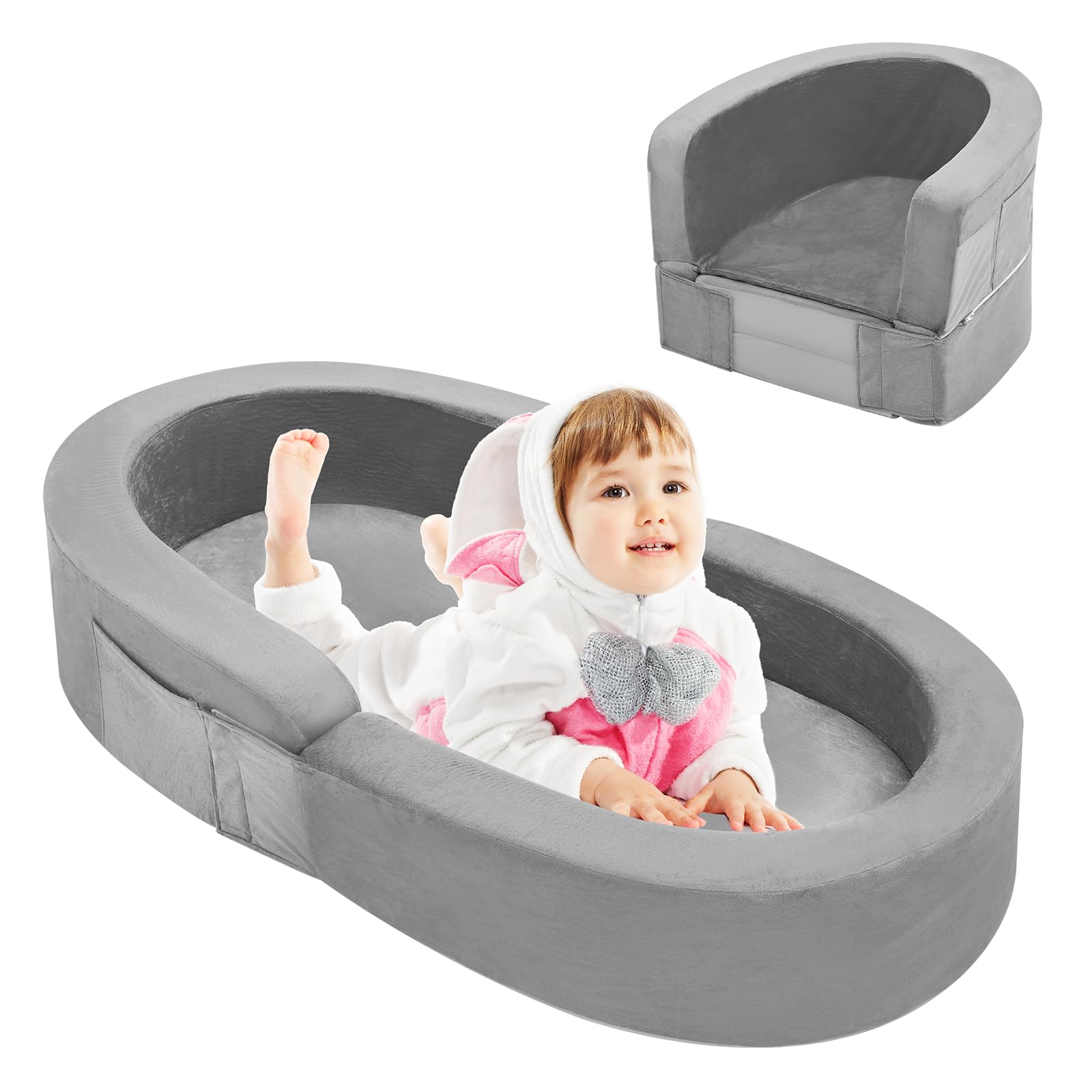 Portable Toddler Travel Bed - Foldable 2-in-1 Kids Sofa with Soft Foam & Washable Cover | Convertible Toddler Cot for Indoor & Outdoor Use | Perfect for Camping, Sleepovers, and Travel Adventures