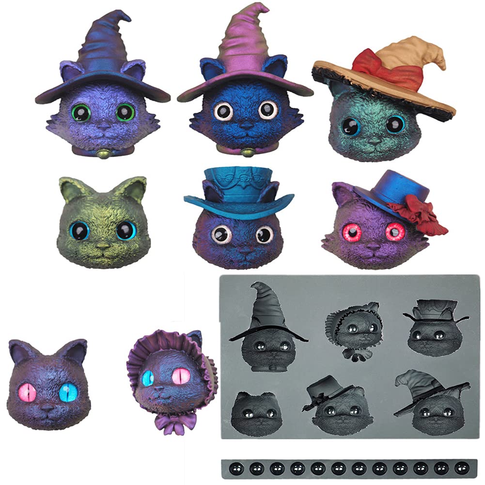 HSER Halloween Witch Resin Mold - Cat Crystal Epoxy Mold for DIY Crafts, Lolita Demon Cat Head Silicone Mold (C-2002) - Perfect for Jewelry Making, Cake Decorating & Halloween Party Decorations