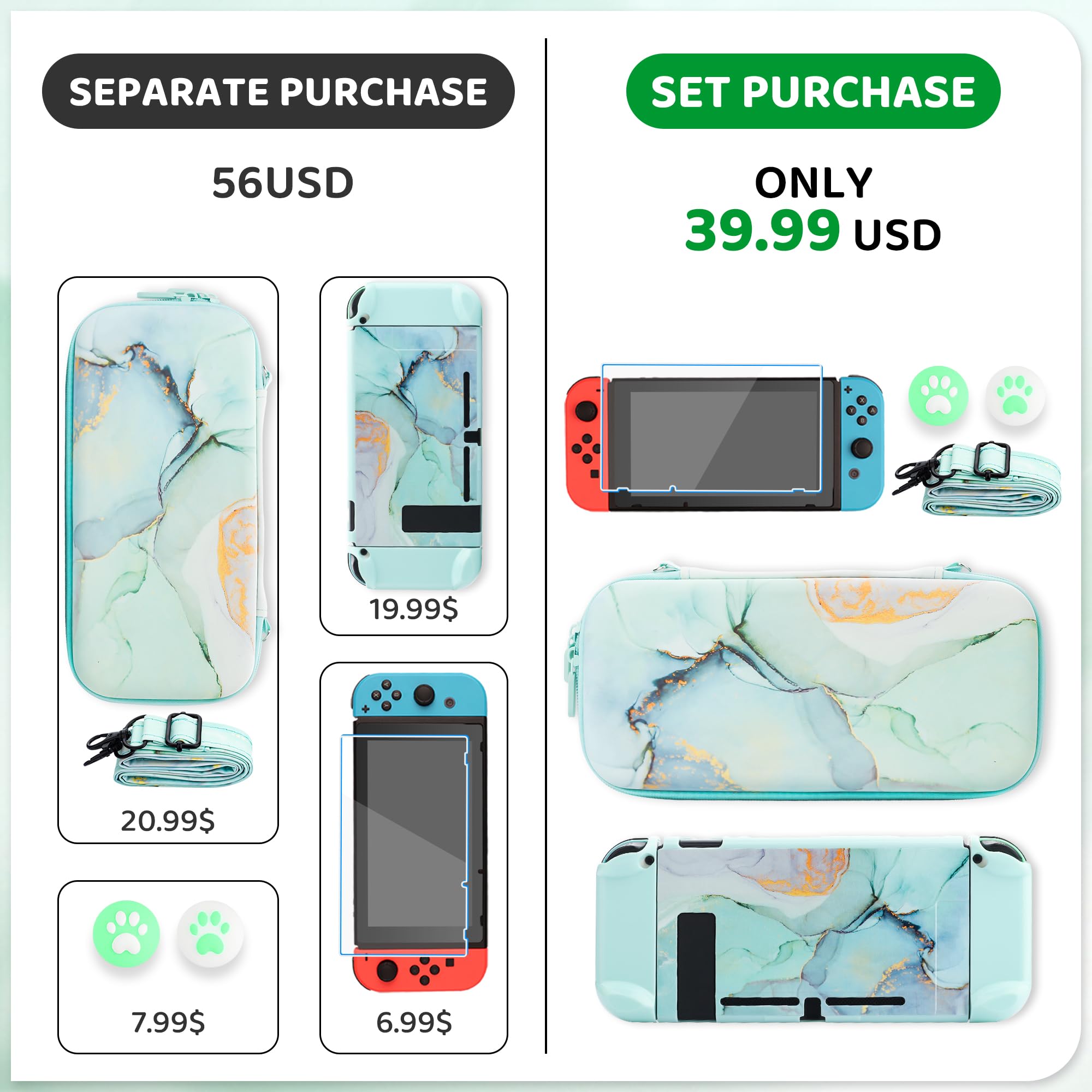 Premium Hard Shell Travel Case for Nintendo Switch - Green Marble Protective Cover with Screen Protector, Adjustable Shoulder Strap & 2 Thumb Grips | Portable Storage Solution for Gaming On-The-Go, Commuting & Travel Accessories