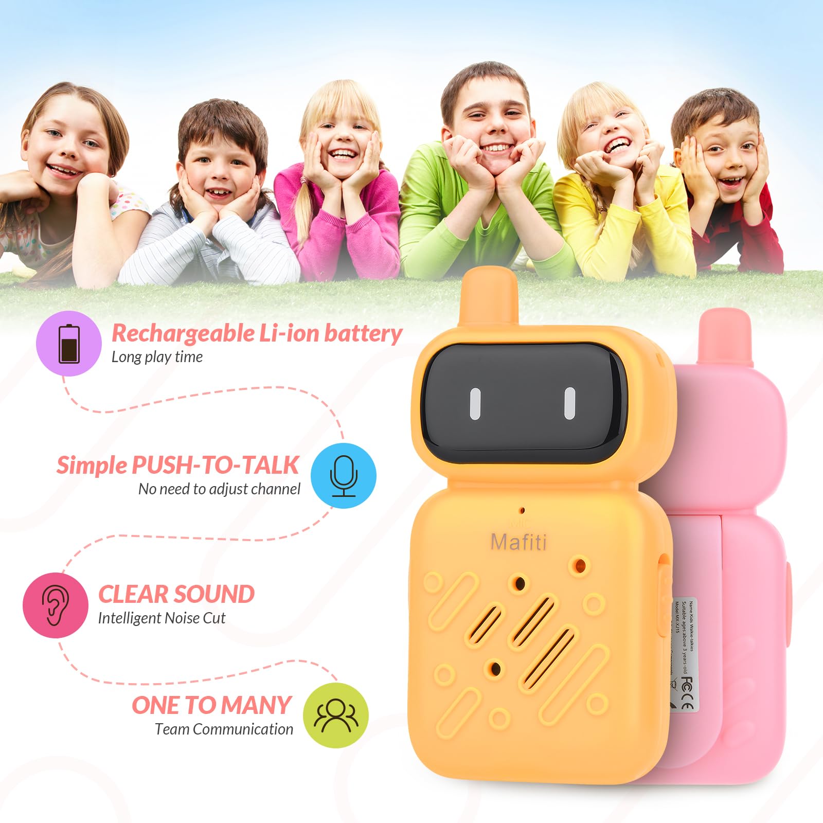 Mafiti Rechargeable Kids Walkie Talkies 2 Pack - 1000FT Range, Single Channel Toy Walkie Talkies for Boys & Girls Ages 4-10 - Perfect for Camping, Hiking, Outdoor Adventures & Indoor Games (Yellow & Pink)