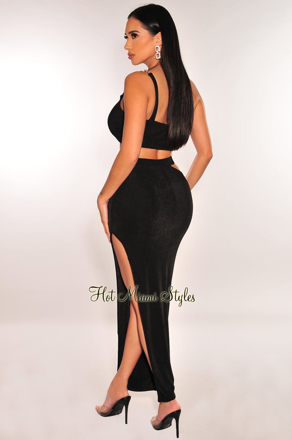 Black Gold Chain One Shoulder Cut Out Skirt Two Piece Set - Sexy Evening Outfit for Women | Perfect for Club, Party & Date Night