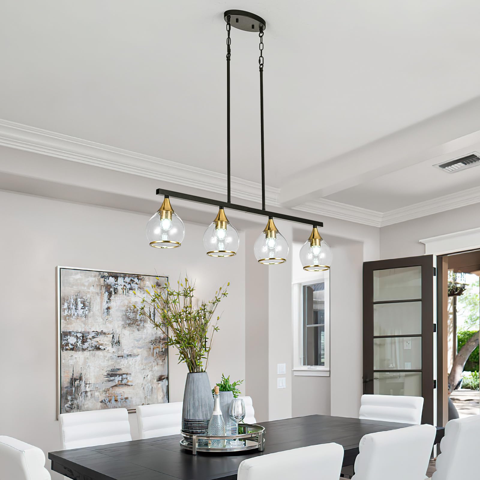 Farmhouse Black and Gold 4-Light Kitchen Island Pendant Chandelier with Clear Glass Shades - Matte Black Linear Hanging Light Fixture for Dining Room & Kitchen Counter | Perfect Over Tables, Breakfast Bars, and Kitchen Islands