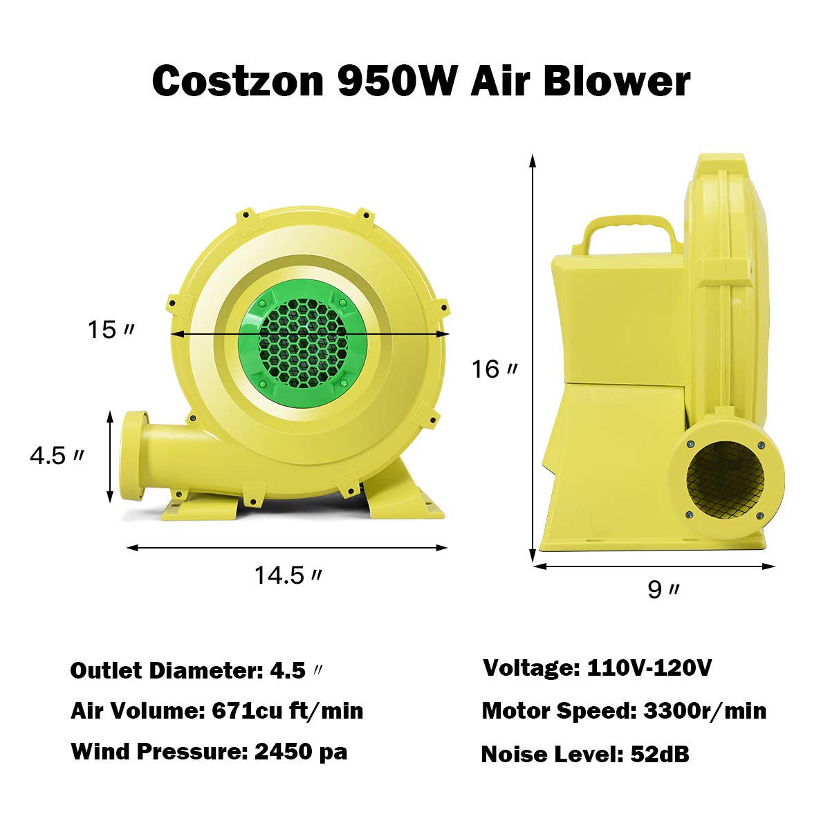 Costzon 950W Commercial Air Blower for Bounce Houses & Inflatables - 1.25HP High-Power Pump Fan for Inflatable Bouncers, Waterslides, Jumping Castles - Perfect for Birthday Parties, Carnivals & Outdoor Events