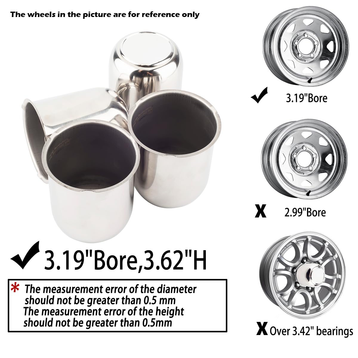 4Pcs 3.19 Inch Stainless Steel Trailer Wheel Center Caps - Push Through 3.19