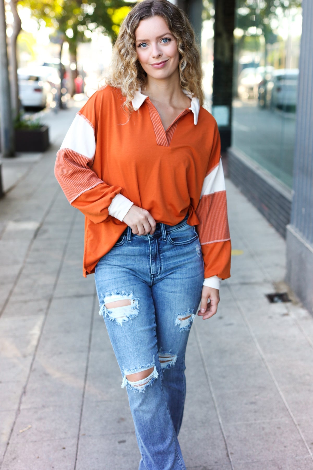 Falling For You Rust Color Block Collared French Terry Top | Women's Casual Long Sleeve Shirt | Perfect for Autumn Outfits, Coffee Dates & Weekend Errands