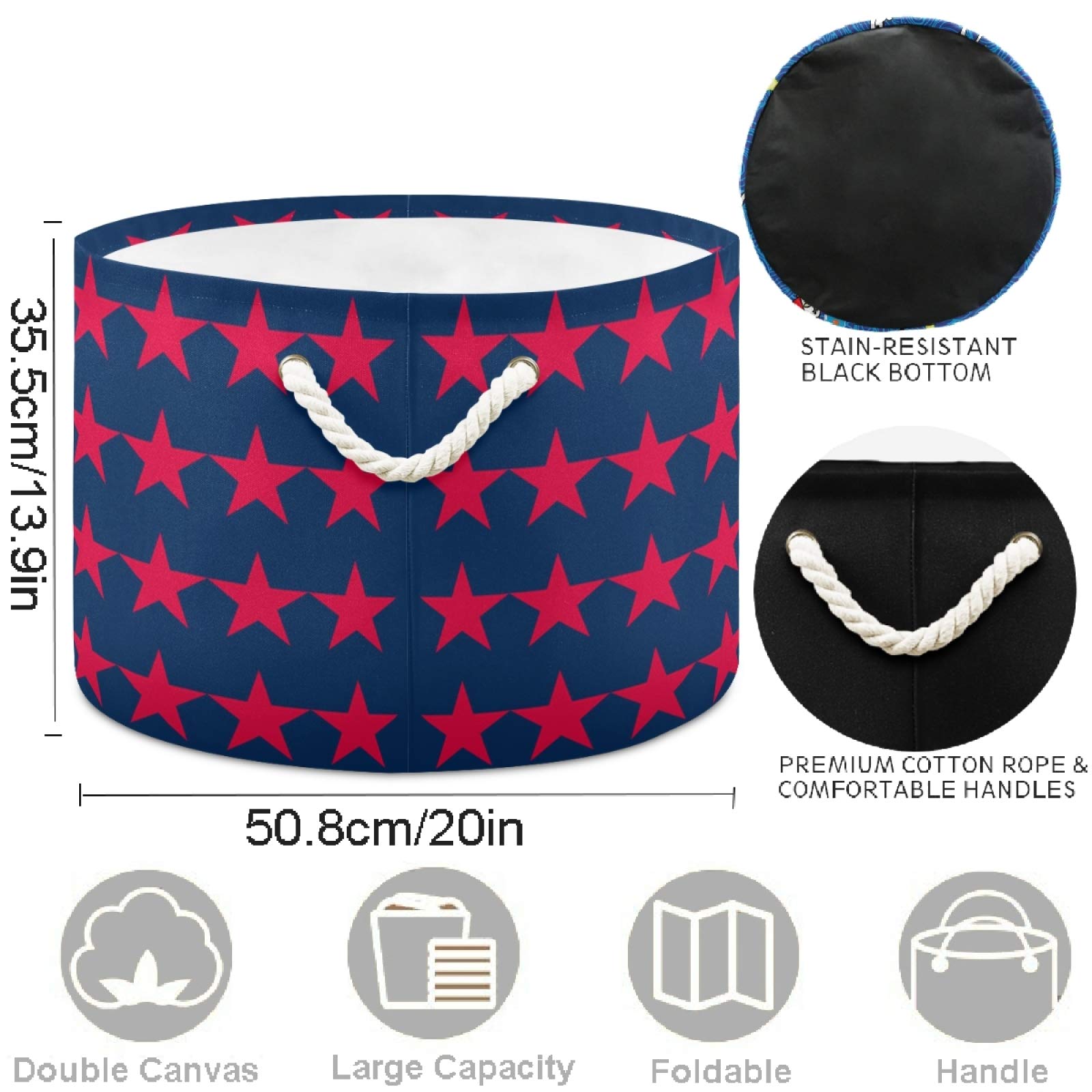 Visesunny Storage Basket with Red Stars on Blue - Nursery Hamper, Canvas Fabric Toy Organizer Bin, Laundry Basket for Kids Room, Playroom, Shelves | Perfect for Toy Storage, Gift Basket & Baby Clothes Organization