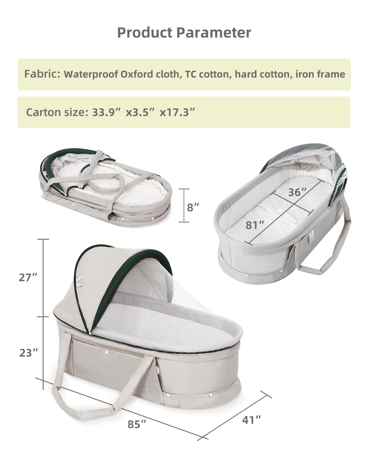 Portable Baby Travel Bassinet & Co-Sleeper with 2-in-1 Canopy - Light Grey Mini Crib for Newborns | Perfect for Home, Travel & Bedside Sleeping