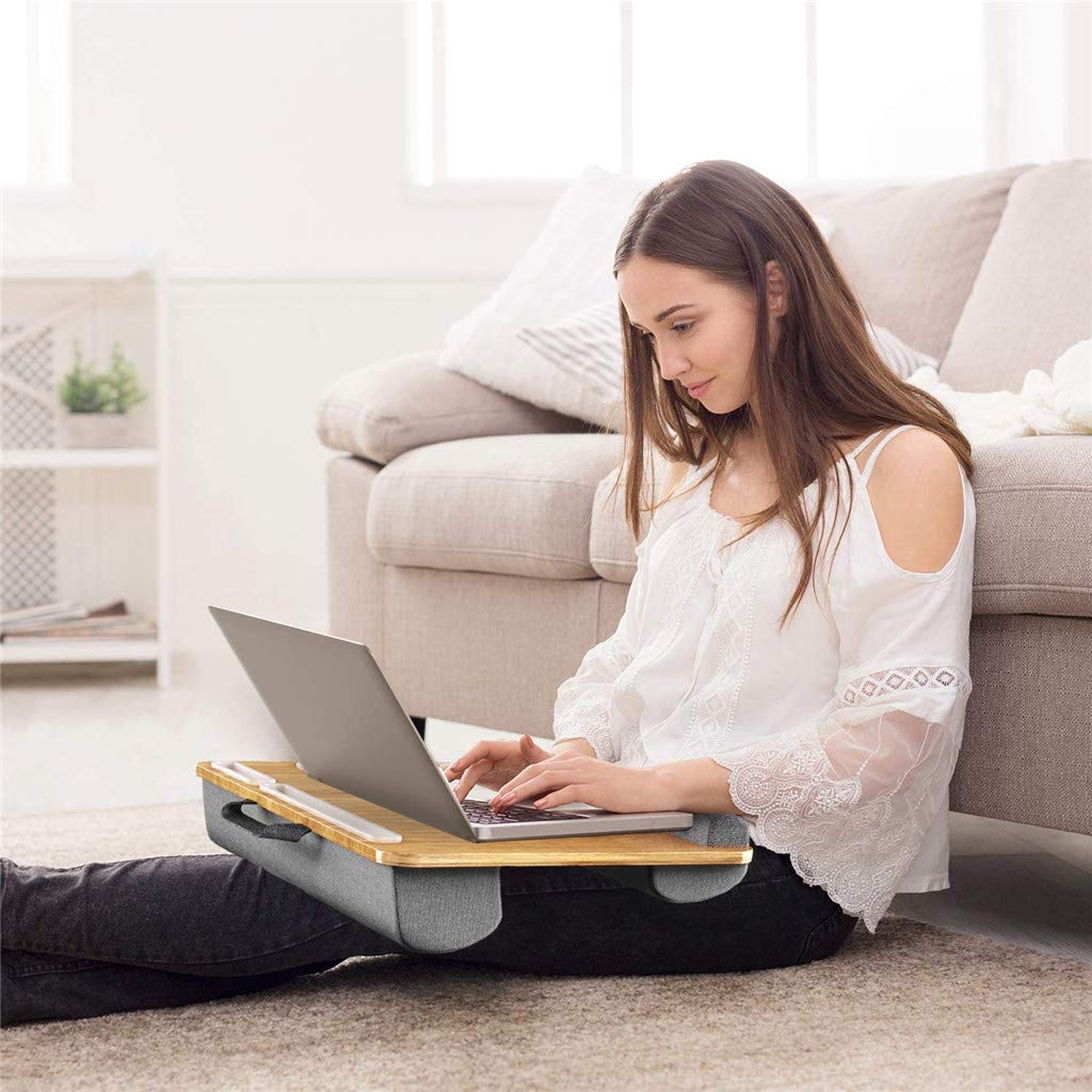 Adjustable Wooden Laptop Tray for Bed with Cushion Support - Built-in Mouse Pad & Wrist Rest for Notebook/Tablet - Includes Phone/Pen Holder for Writing & Reading (55x36.8x10cm) - Perfect for Home Office, Studying in Bed, or Relaxing with Laptop