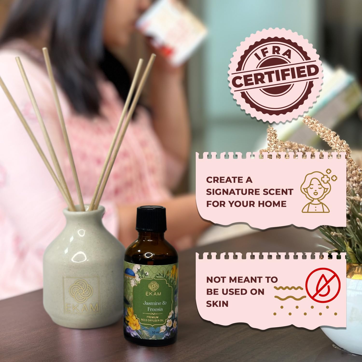 EKAM 50ml Reed Diffuser Set - Jasmine & Freesia Scented Oil with 8 Rattan Sticks | Long-Lasting Home Fragrance for Bedroom, Living Room, Office | Perfect for Relaxation, Aromatherapy & Holiday Gifting