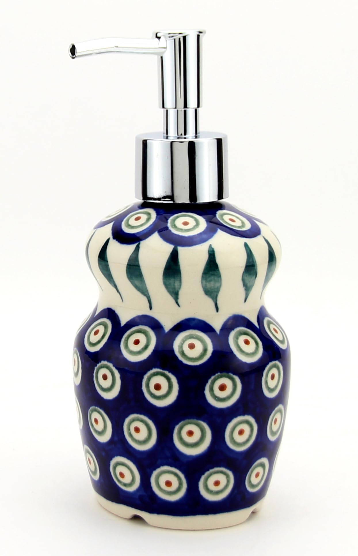 Handmade Polish Pottery 11 oz Soap Pump Dispenser with Stainless Steel Pump - Boleslawiec Stoneware Refillable Lotion Bottle - Peacock Design for Bathroom, Kitchen & Home Decor