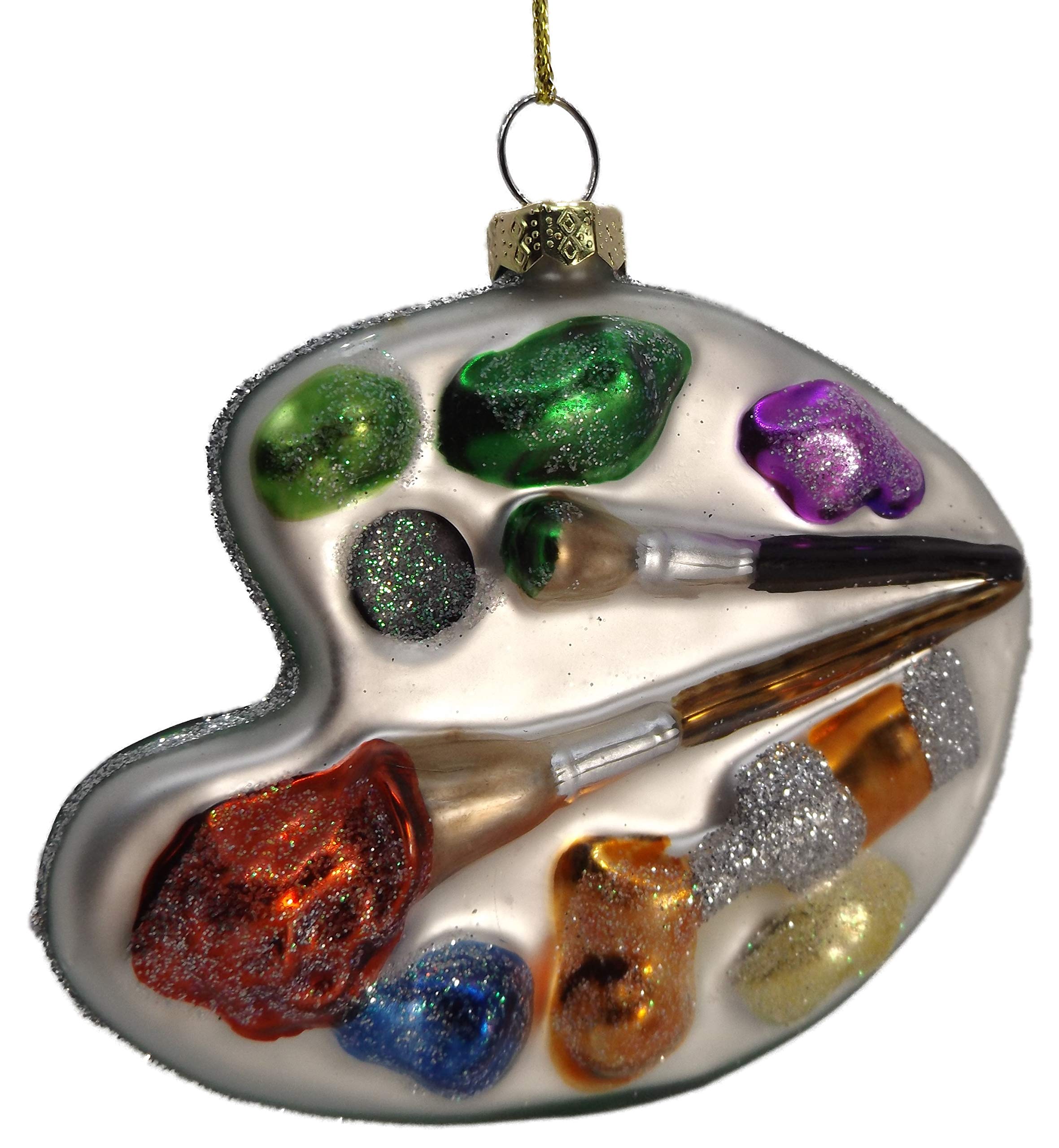 Glass Glitzy Painters Palette with Paint & Brushes - Christmas Tree Ornament for DIY Holiday Decor & Artist Gift Ideas