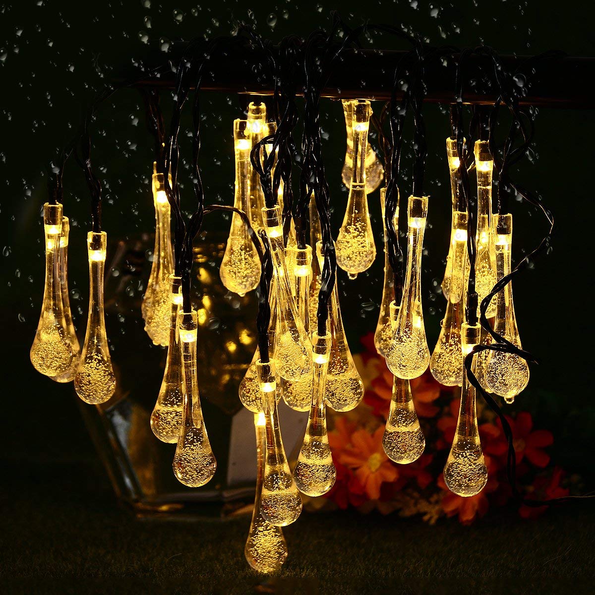 WONFAST 20ft 30 LED Solar Outdoor String Lights - Waterproof Crystal Water Drop Fairy Lights for Garden, Patio, Wedding & Christmas Decor (Warm White) | Perfect for Backyard, Party, Holiday & Outdoor Lighting