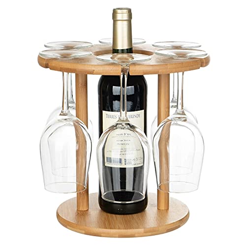 6-Slot Wooden Wine Glass Holder with Detachable Wine Bottle Rack - Bamboo Tabletop Drying Rack for Stemware (Beige) | Perfect for Kitchen Counter, Bar, Dining Room & Wine Storage Organization
