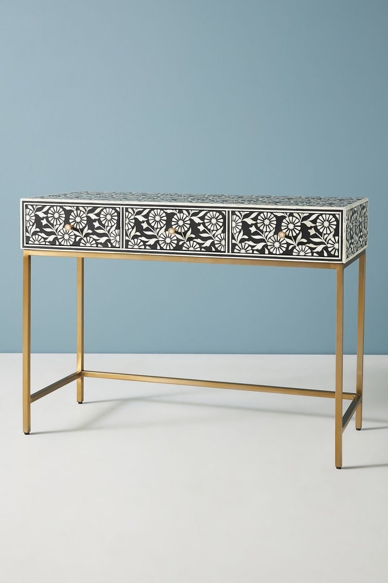 Handmade Black Bone Inlay Console Table with Drawers - Elegant Entryway Furniture for Living Room, Hallway & Foyer Decor