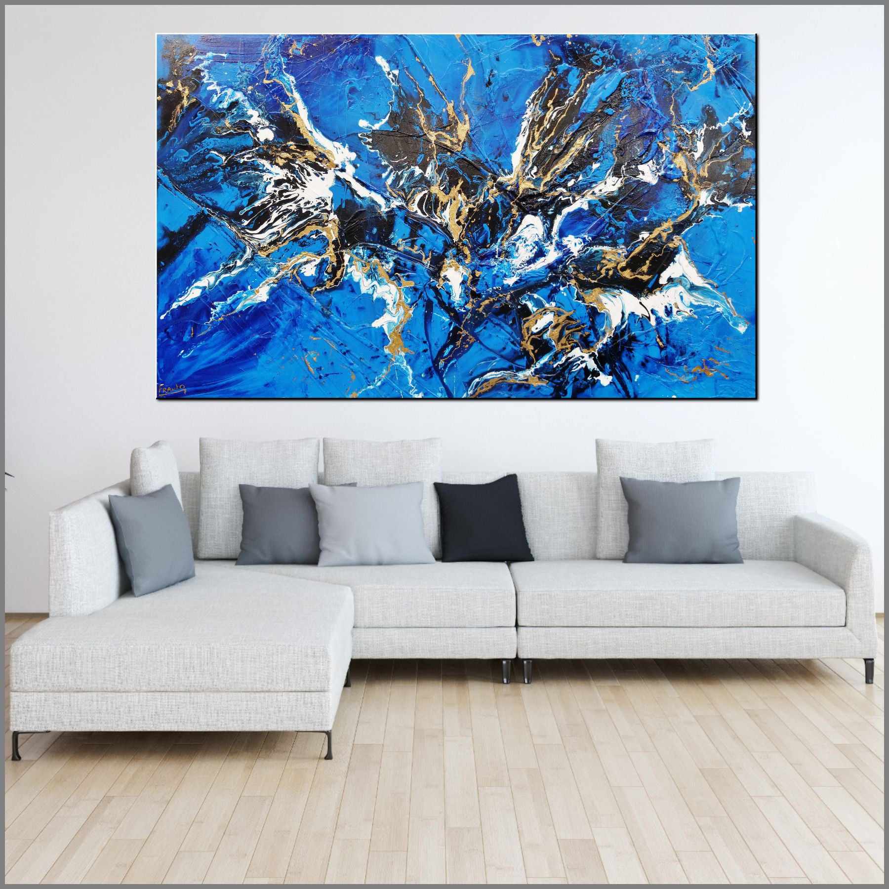 Gilded Sapphire Blue and Gold Abstract Textured Canvas Painting - 200cm x 120cm Large Wall Art for Living Room, Bedroom & Office Decor